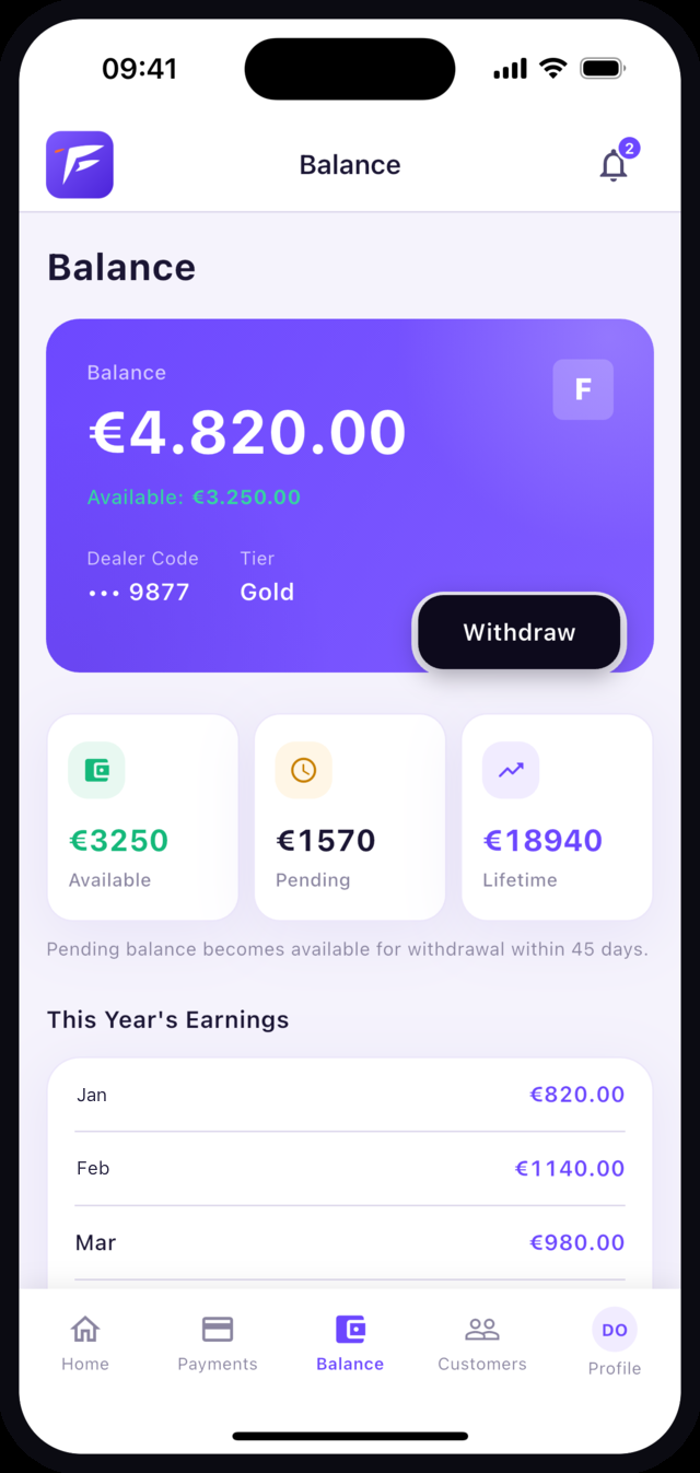 Fusapp Go partner app balance screen