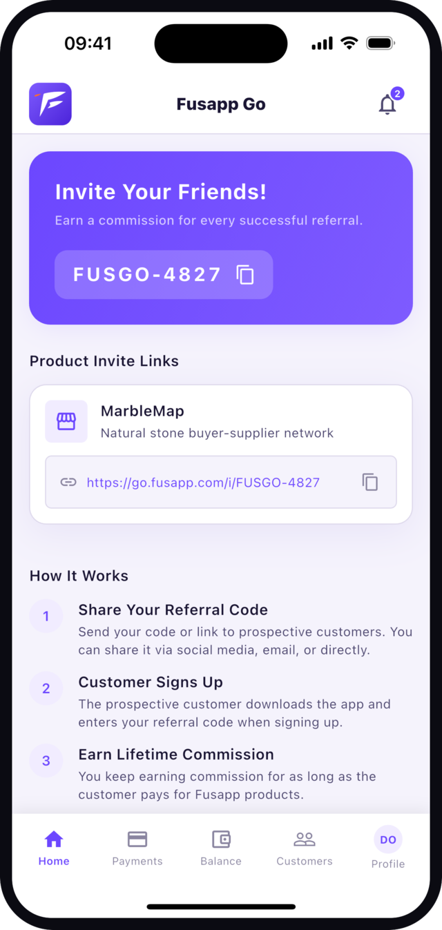 Fusapp Go partner app referral code and product links