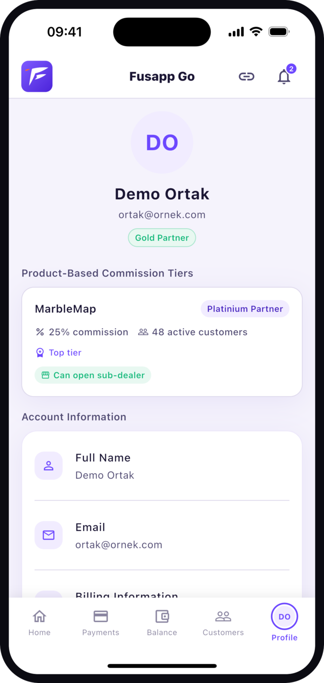Fusapp Go partner app Gold Partner profile screen