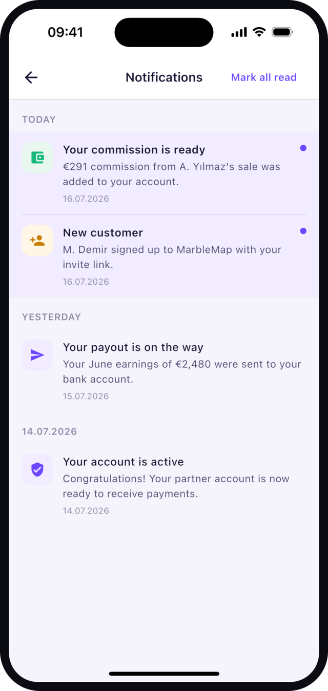 Fusapp Go partner app notifications screen